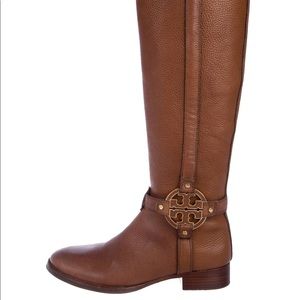 Tory Burch Brown Leather Over-the-Knee Boots with Gold Logo Accent